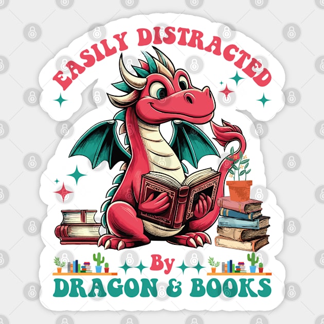 Easily Distracted By Dragon and Books Sticker by JessArty